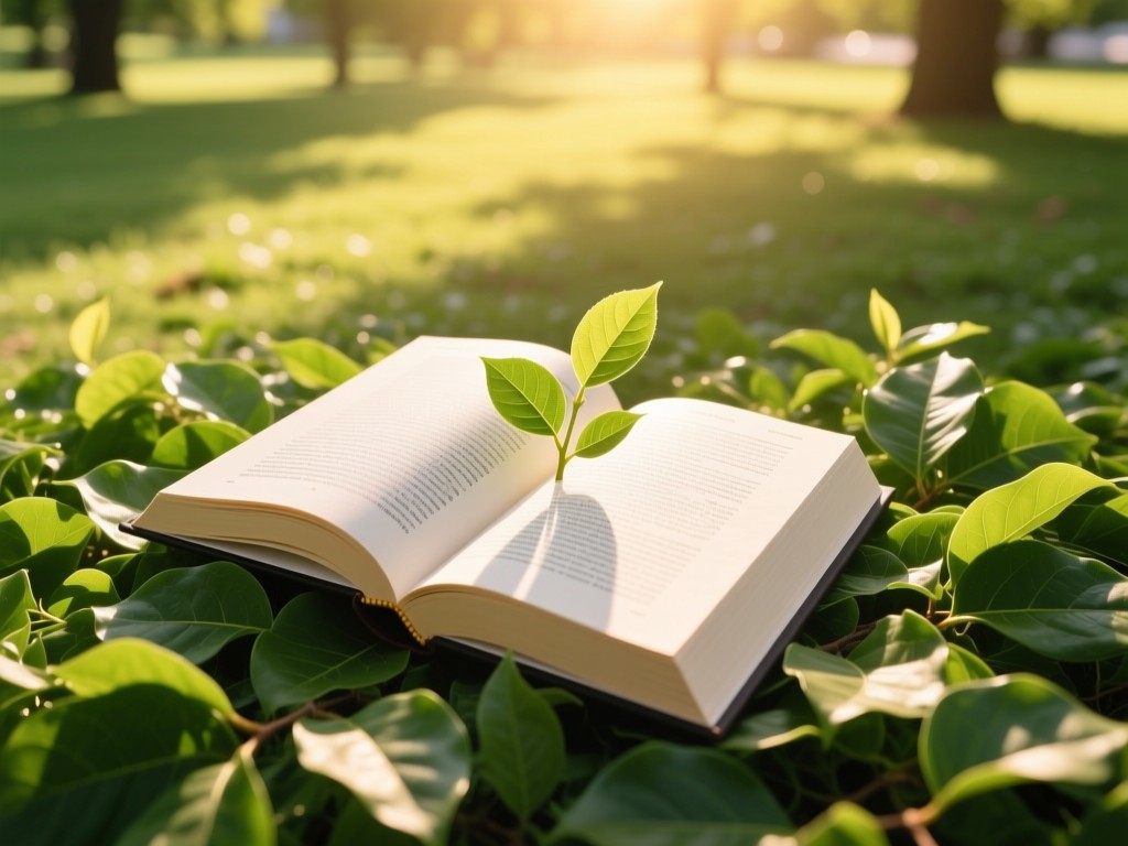 Aerial view of an open hardcover business book resting on fresh green leaves in a sunlit park. Symbolizes growth and consolidated knowledge. Golden hour. No people.
