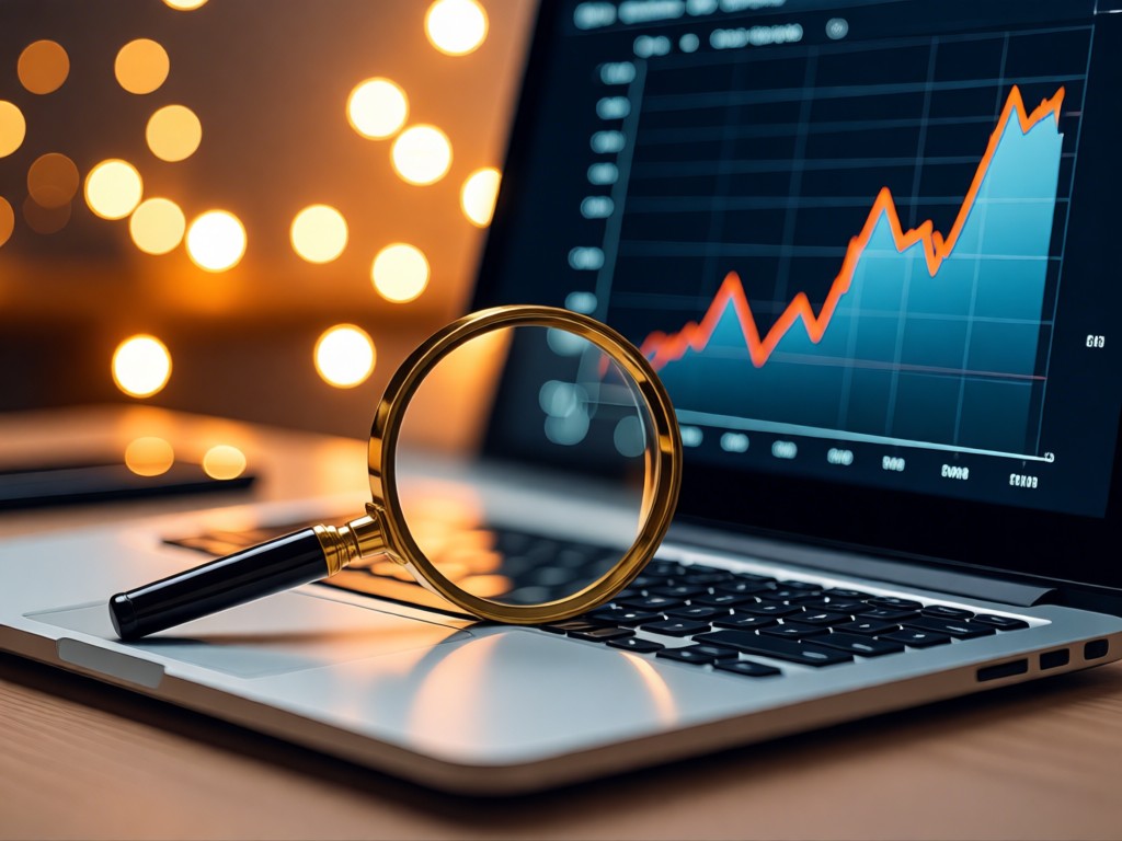 Magnifying glass resting on laptop keyboard, screen showing rising analytics graphs. Warm bokeh lights in background. Clean desk aesthetic. No people.