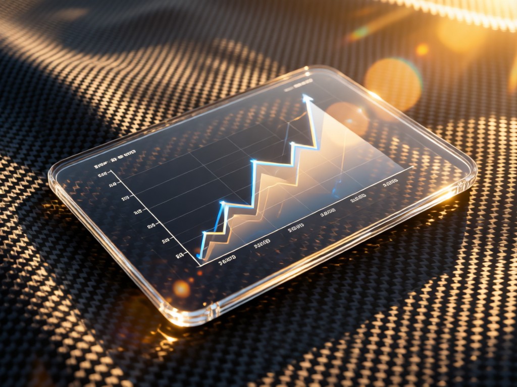 A crystal-clear tablet showing a financial growth chart, resting on carbon fiber weave fabric. Golden hour backlight creates lens flares. Minimalist and high-tech. No people.