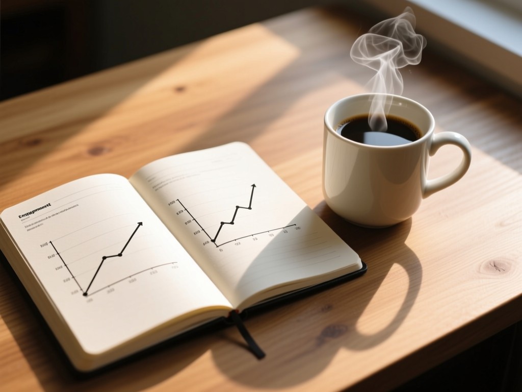 An open notebook showing simple engagement graphs beside a steaming coffee mug. Morning light creates soft shadows on wooden desk. No people.