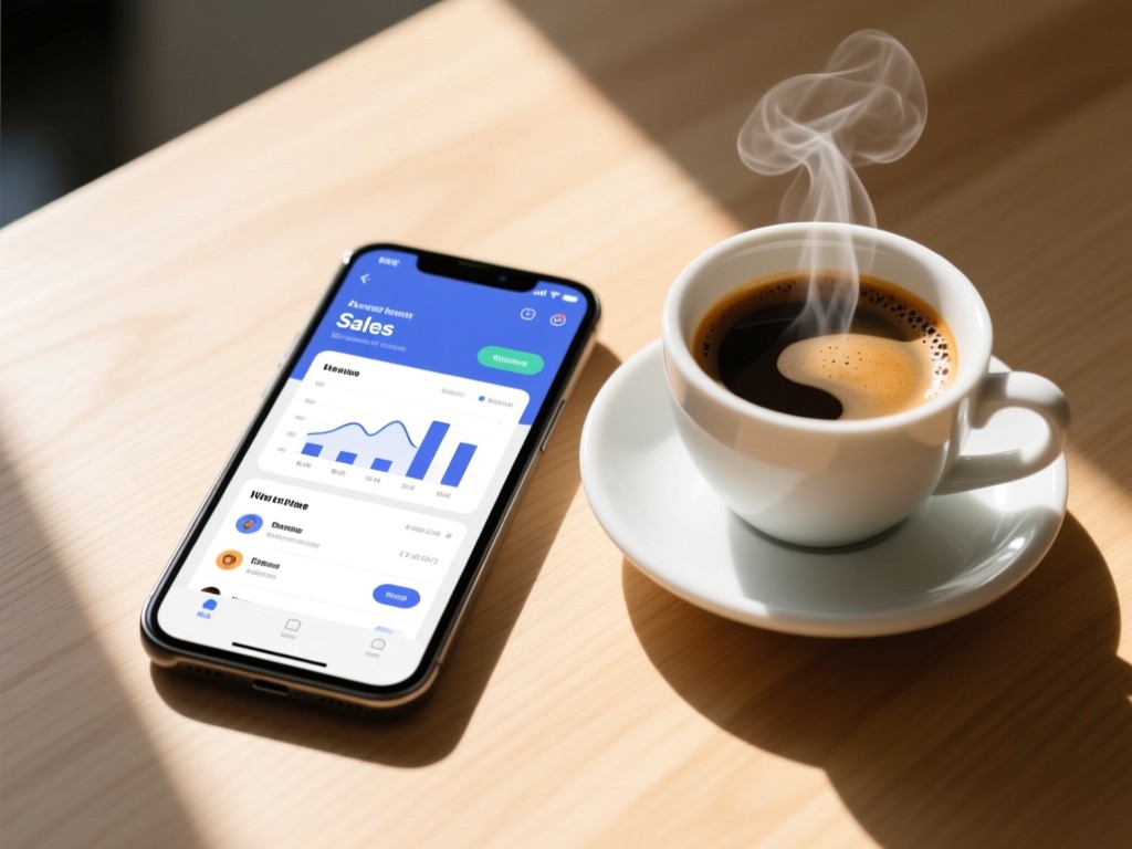 A smartphone displaying a clean sales dashboard beside a steaming espresso cup. Sunlight creates crisp shadows on a light wood surface. Focus on technology and precision. No people.