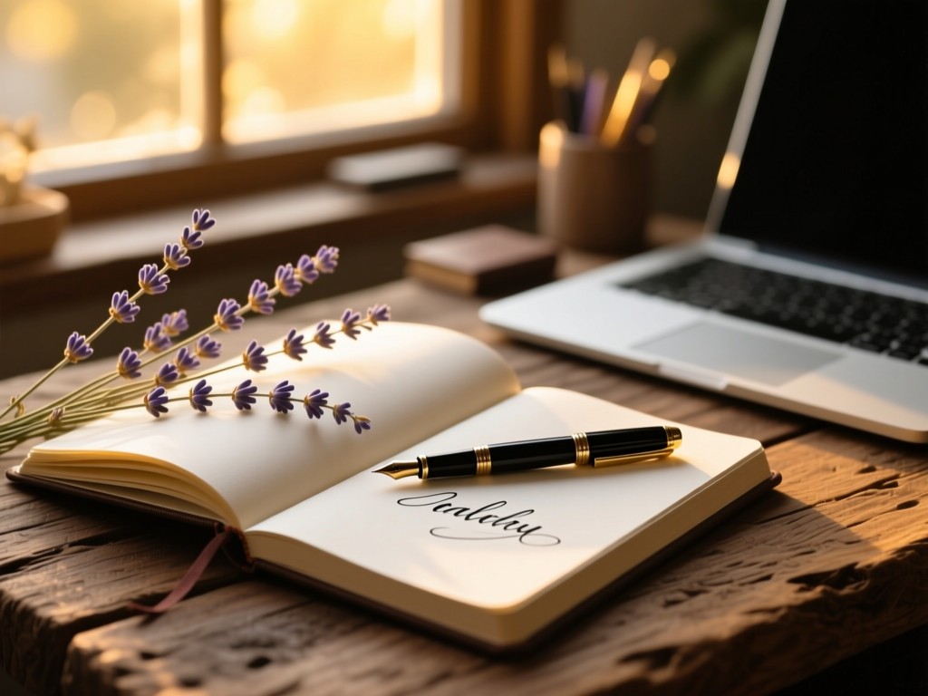 An elegant calligraphy pen beside open journal on rustic wood, dried lavender sprigs, golden hour light through window, shallow focus, creative workspace.