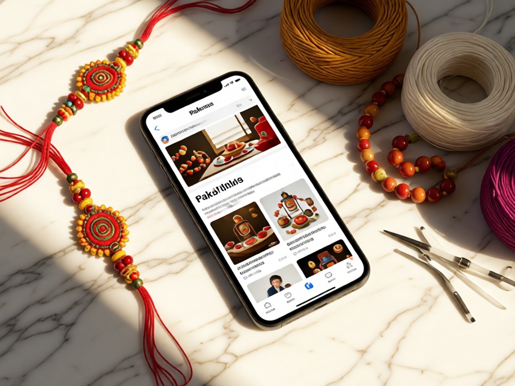 A smartphone displaying a Rakhi portfolio beside raw materials like beads and threads on a sunlit marble surface. Gentle shadows emphasize simplicity. No people.