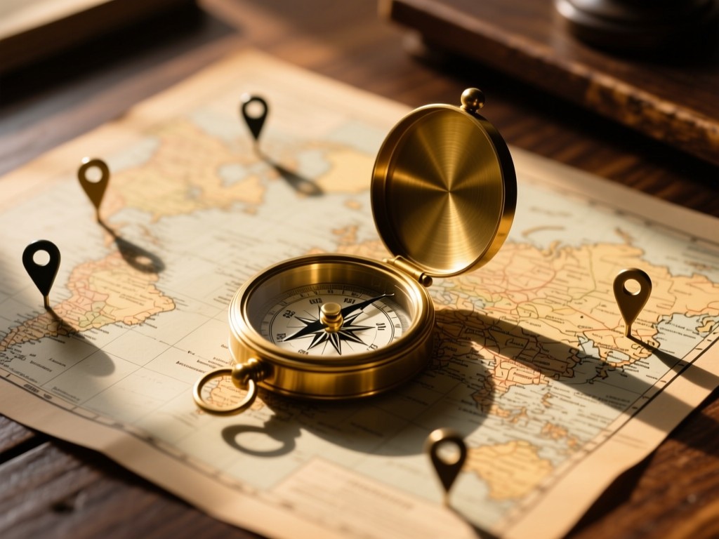 A vintage brass compass overlaid on a textured map, surrounded by minimalist location pins. Warm light creates long shadows on a rustic wooden desk. No text.