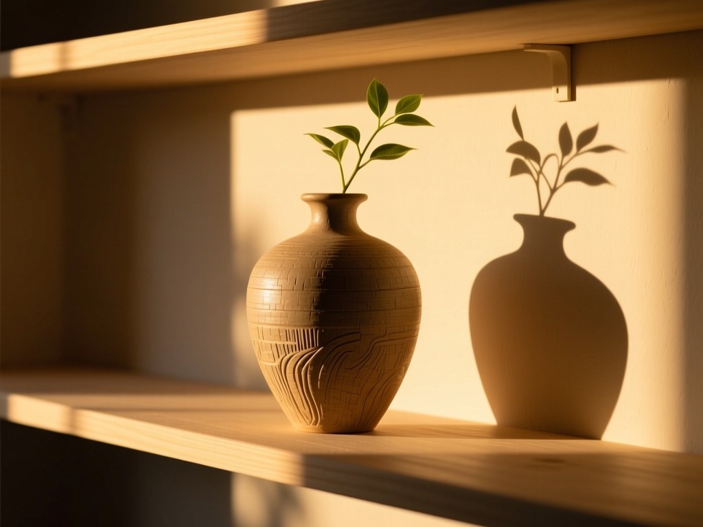 A single artisan vase on a sunlit shelf during golden hour. Warm light accentuates textures, casting soft elongated shadows. Minimalist composition symbolizing curated growth.