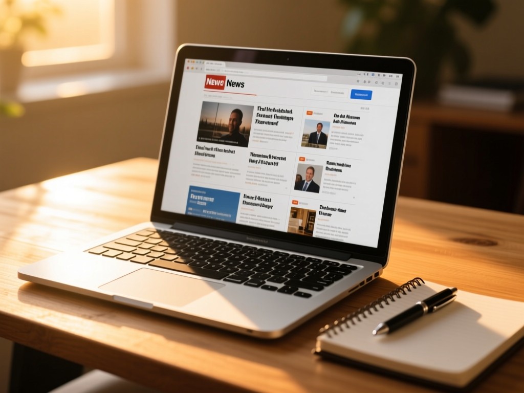 An open MacBook on a wooden desk at golden hour, screen displaying a clean grid of news articles with headlines, soft sunlight highlighting a notebook and pen beside it, shallow depth of field, warm tones.
