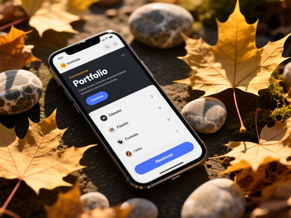 Flat lay of a smartphone showing a portfolio site with clickable links. Surrounded by maple leaves and a pebble. Golden hour lighting. No people.