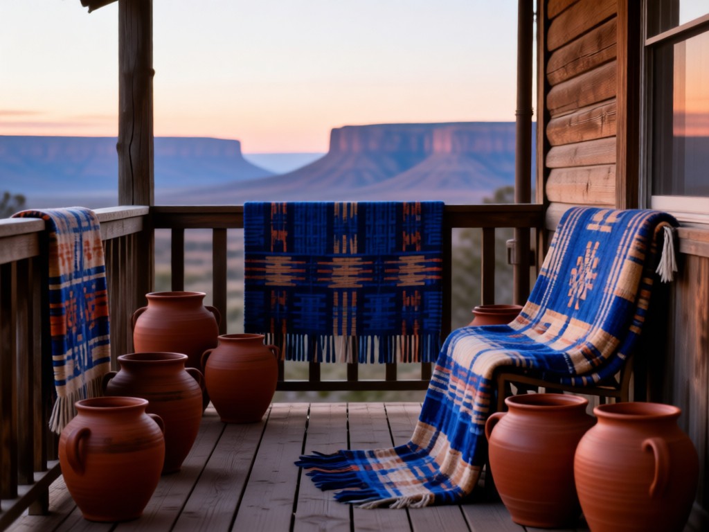 Artisan pottery and woven blankets arranged on a rustic porch at dawn. Soft focus on distant mesas. Earthy terracotta and indigo tones. No people.