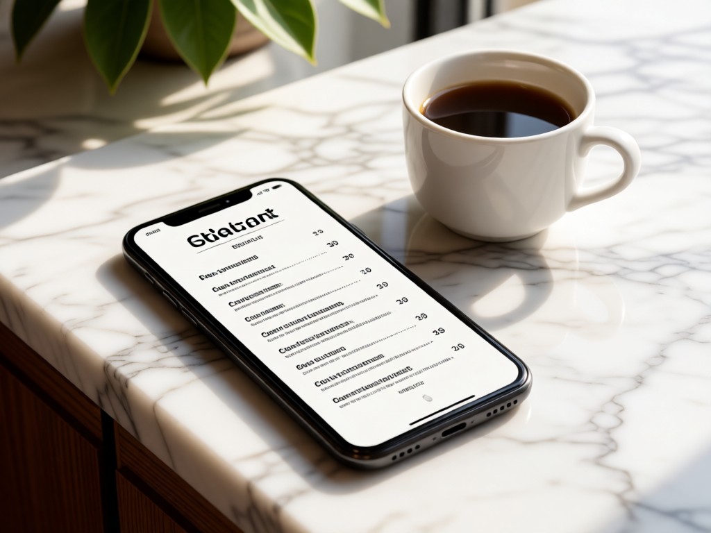 A smartphone displaying a clean restaurant menu beside a coffee cup. Natural light on a marble countertop. Focus on readability. No people.
