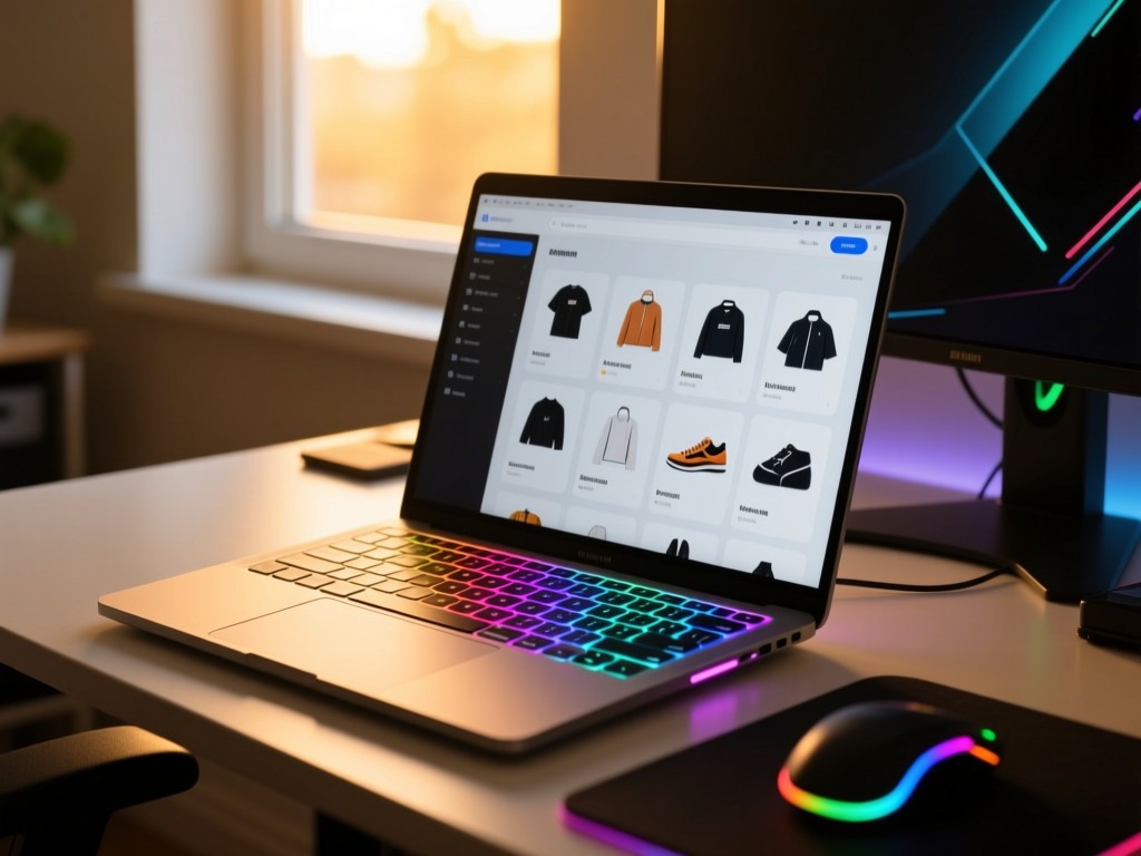 A modern laptop on a gaming desk during golden hour, screen displaying organized merchandise categories, RGB keyboard glow, soft natural light through window, minimalist setup, no visible text.