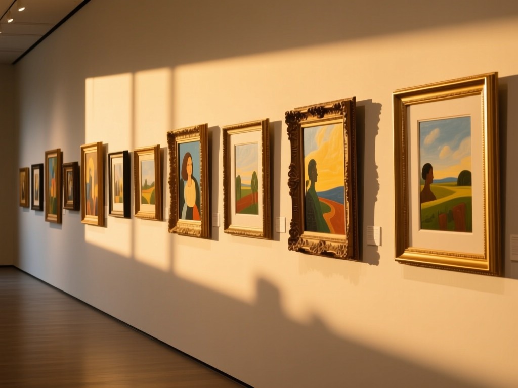 A perfectly aligned row of diverse painting frames on a gallery wall during golden hour. Each frame catches light differently, symbolizing cohesive diversity. No people, wide negative space.