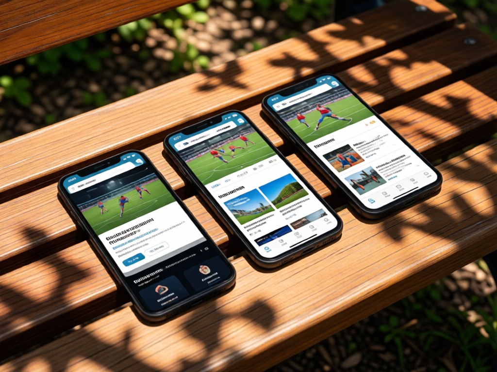 Three smartphones displaying different views of a sports portfolio site on a wooden bench. Dappled sunlight through trees creates natural patterns. No people.