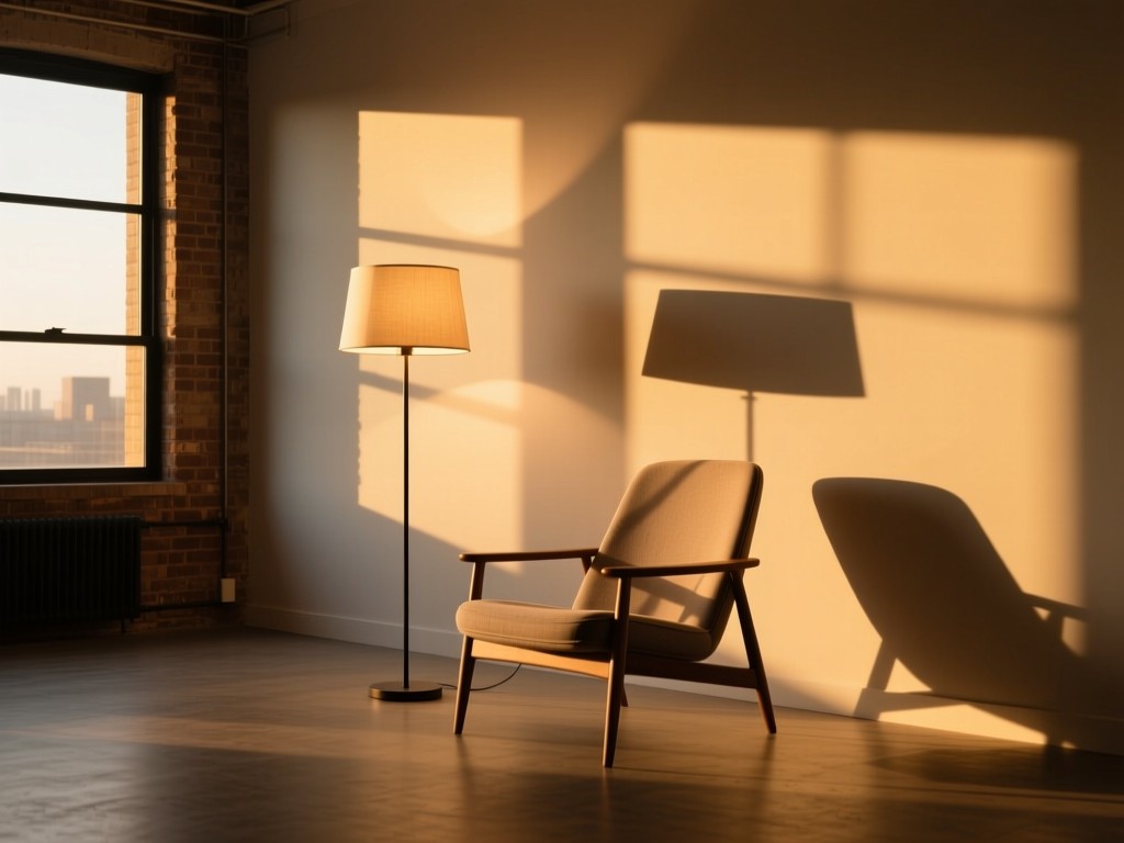 A single architectural floor lamp illuminating an empty designer chair in a sunlit loft during golden hour, casting dramatic shadows, symbolizing focus and professional presence, warm minimalist aesthetic, no people.