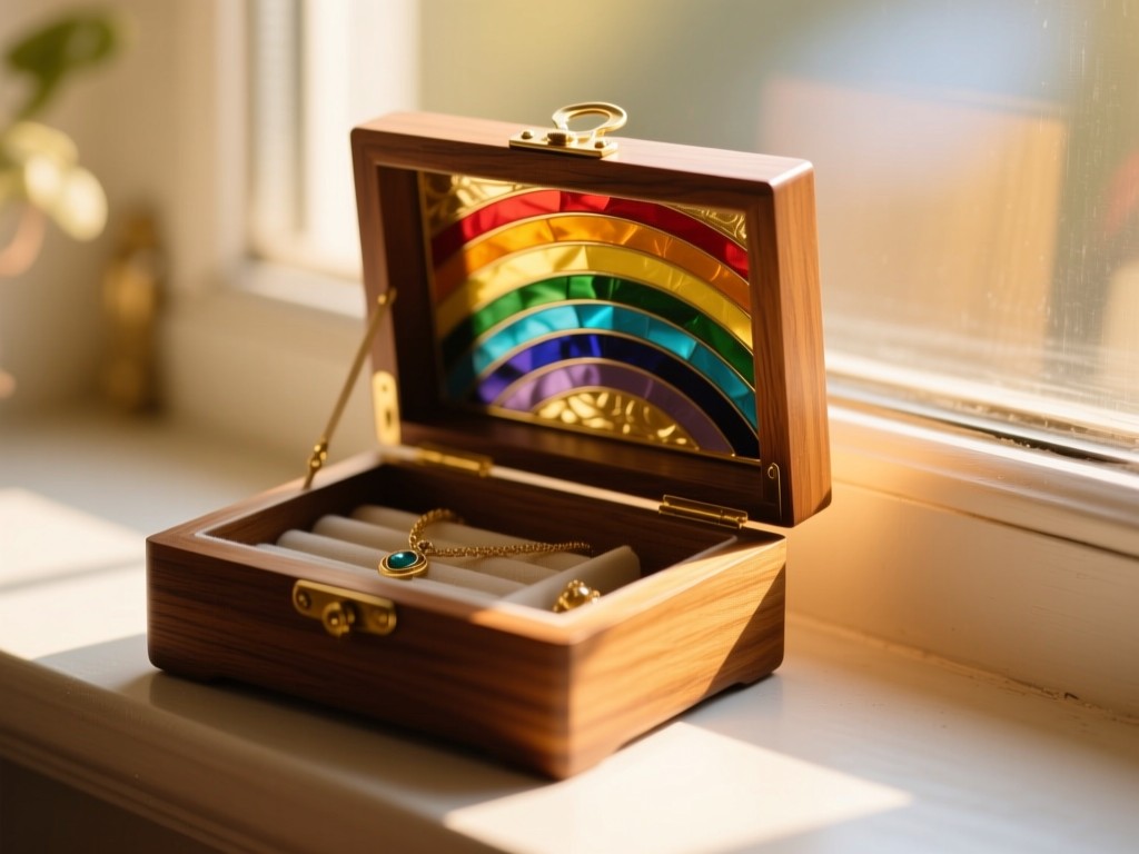 An open wooden jewelry box with a rainbow enamel interior on a windowsill, golden light highlighting its protective shape, soft focus background.