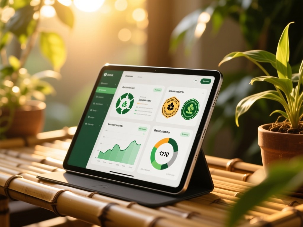 A sleek tablet on a bamboo desk during golden hour, screen displaying organized sustainability metrics and certification badges, warm sunlight filtering through plants, shallow depth of field, natural textures.
