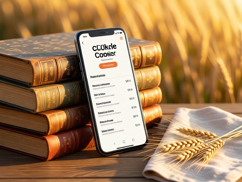 Smartphone propped against a stack of vintage cookbooks, screen showing a clean digital menu. Wheat stalks and a linen napkin in soft bokeh. Golden hour lighting.