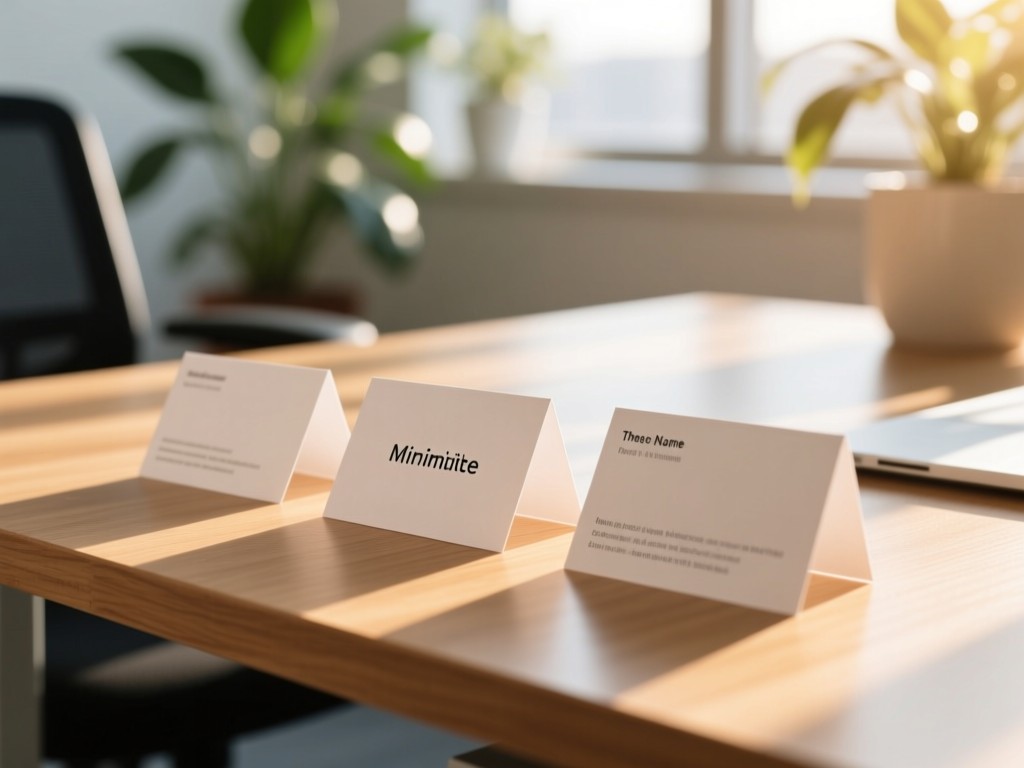 Three minimalist name cards arranged diagonally on a wooden desk. Soft focus background shows sunlight through office plants. Warm, professional tone. No people.