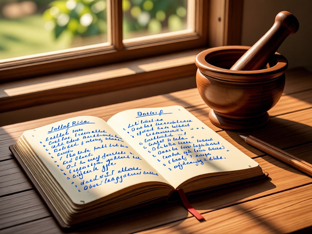 Open notebook with handwritten jollof rice recipe beside mortar and pestle. Soft afternoon light illuminates the scene from a window. Warm, inviting atmosphere. No people.
