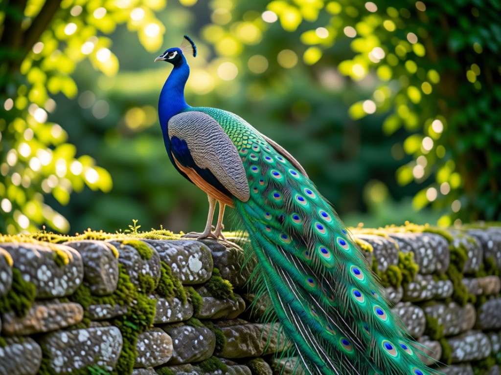 A regal peacock perched on a stone wall in a sun-dappled garden. Focus on vibrant tail feathers. Background shows lush greenery with soft bokeh. Symbolizes pride and visibility. No people.