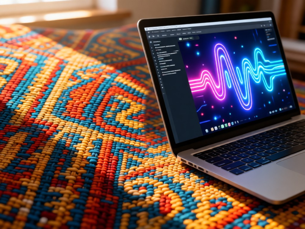 Close-up of intricate tribal textile patterns beside a modern laptop displaying a PopWave template. Soft morning light highlights the woven textures and screen glow. No people.