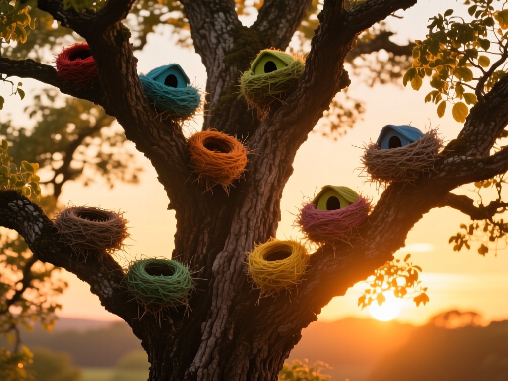 A sturdy oak tree with multiple branches holding different colored nests during golden hour, symbolizing family growth and safety, warm sunset glow, soft shadows, natural tones.