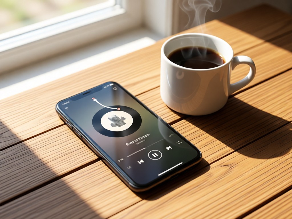 Smartphone showing minimalist audio player interface beside coffee cup on wooden table. Natural morning light, no people.