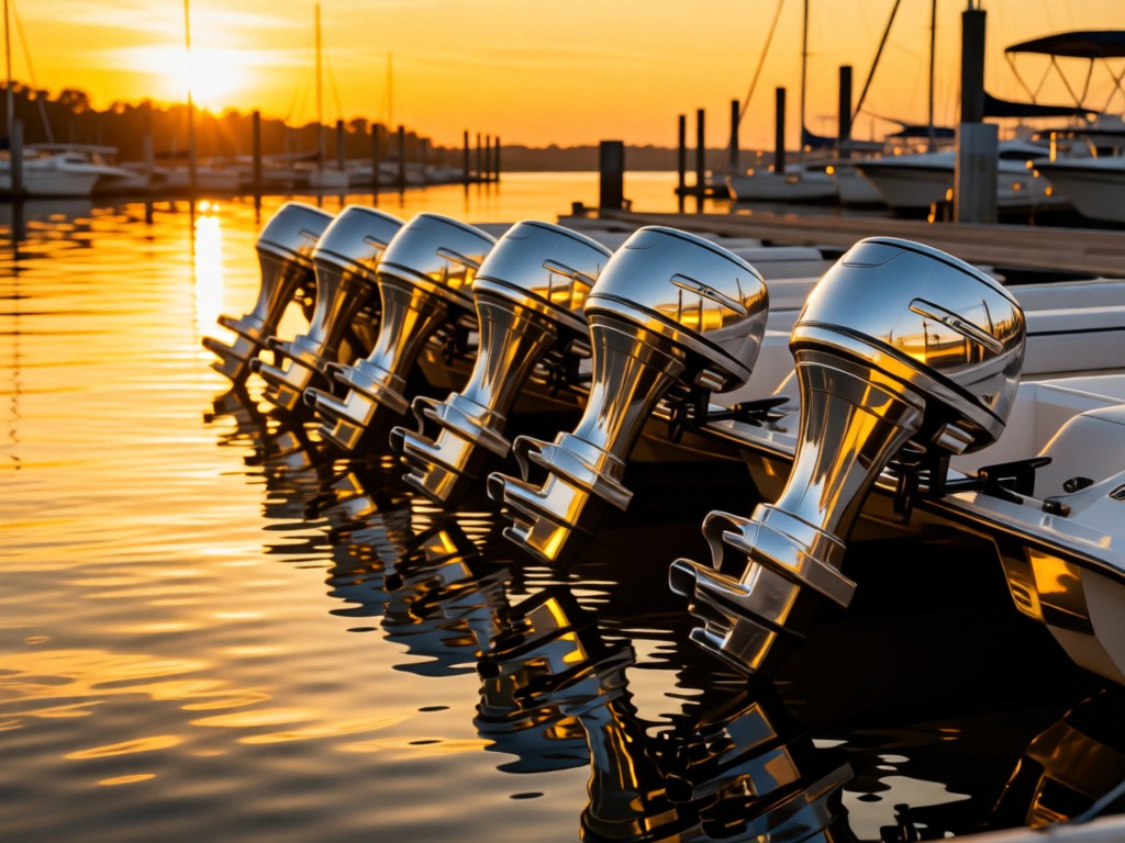 Row of new outboard motors at a marina dock during sunset, reflections shimmering in calm water. Golden light emphasizes chrome details. No people.