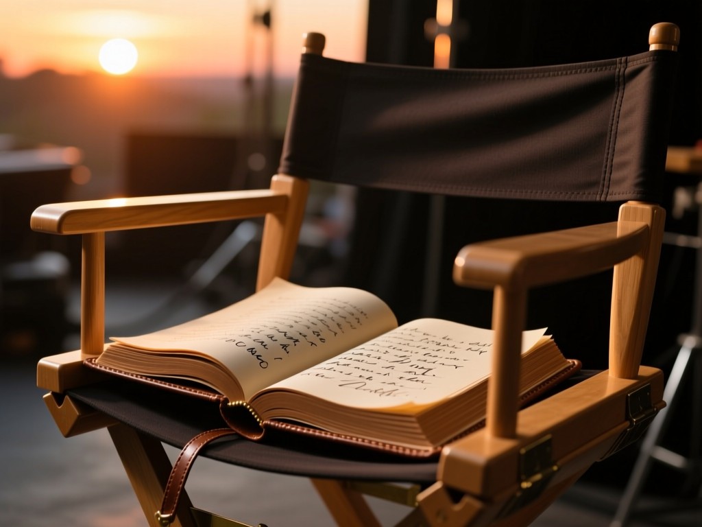 An open leather-bound script on a director's chair, sunset glow illuminating handwritten margin notes, shallow focus, warm tones, backstage ambiance, no visible text.