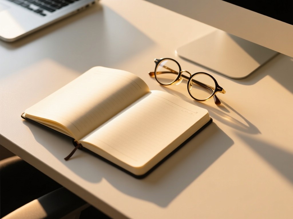 Aerial view of a single open notebook centered on a clean desk. A pair of round glasses rests beside it, catching golden hour light. Symbolizes clarity and professional focus. Soft shadows. No people.