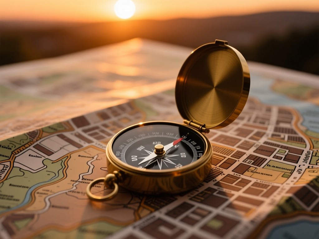 A compass on a textured map showing city streets during sunset, warm amber light highlighting topography, shallow depth of field, earthy color palette, no text.