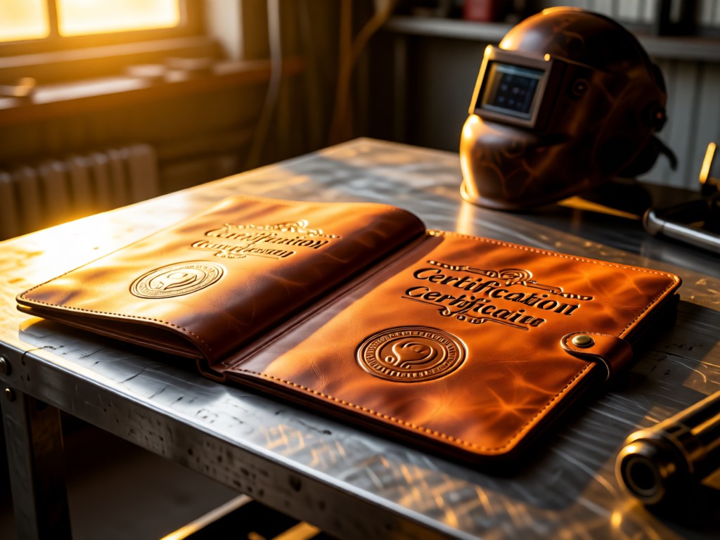 A leather-bound certification folder open on a steel table. Golden hour light illuminates embossed seals. Welding helmet subtly blurred in background. Industrial aesthetic. No people.