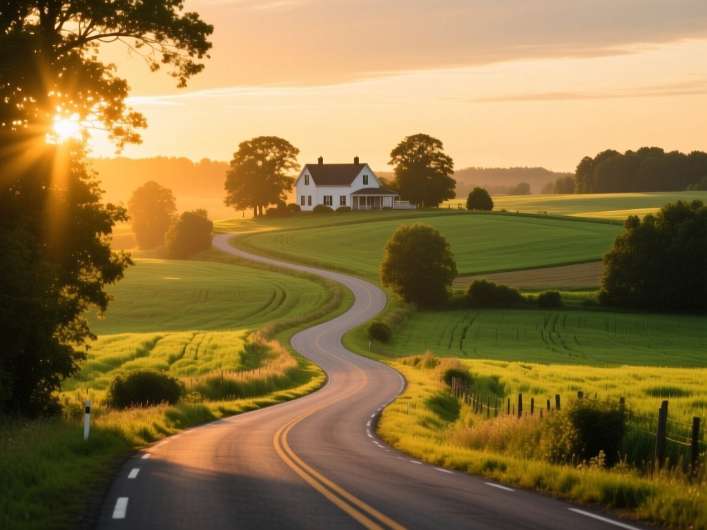 A winding country road at golden hour leading to a distant farmhouse, warm sunlight filtering through trees, vibrant green fields, symbolic of discovery and local connection, no people.