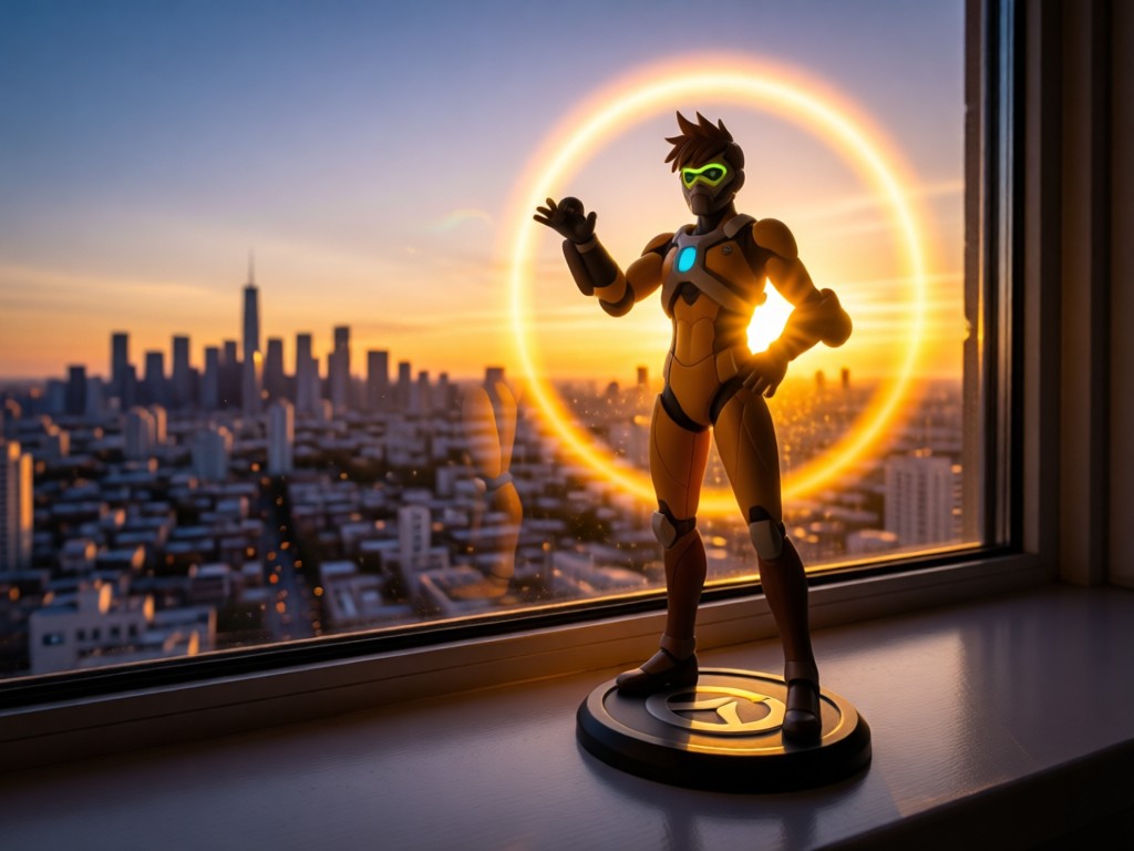 A lone Overwatch collectible figure standing on a sunlit windowsill overlooking a cityscape at dusk. Golden backlighting creates a halo effect. Symbolizes focus and visibility. No people.