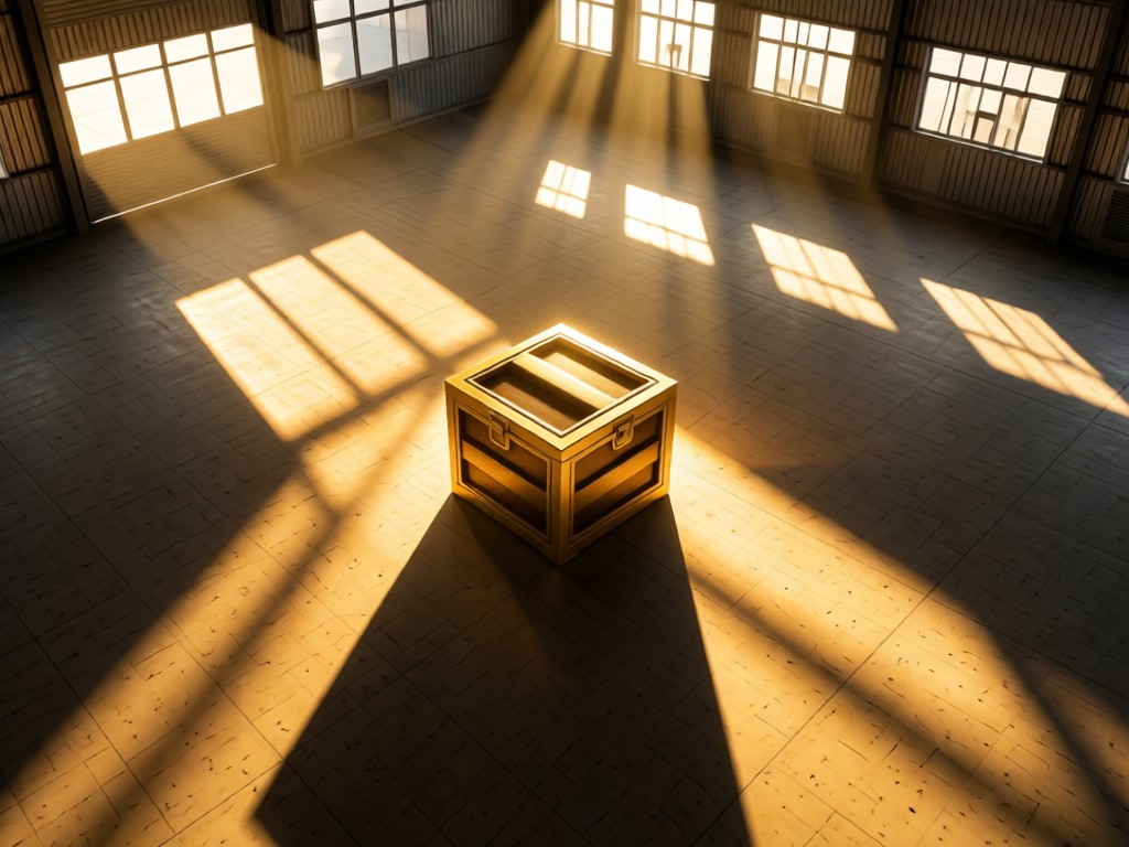 An aerial shot of a single, premium product crate centered in an empty warehouse space during golden hour. Sun rays spotlight the crate, symbolizing focus and value. No people.