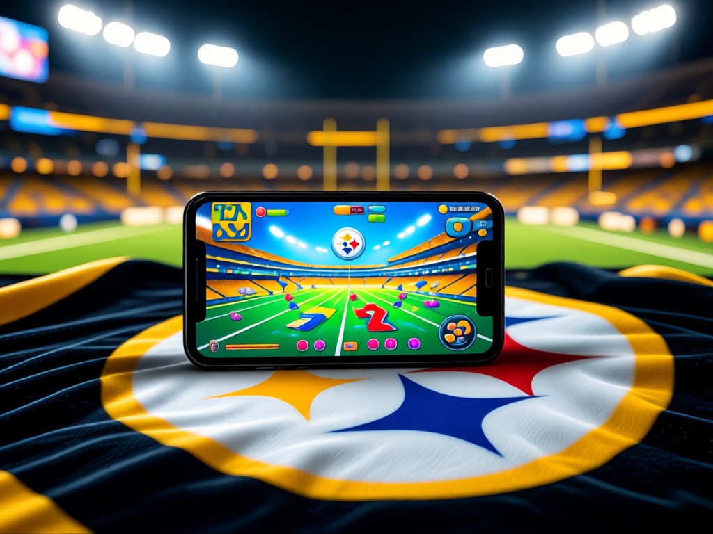 A smartphone displaying vibrant game footage on a black-and-gold Steelers blanket. Soft stadium light in background. No people.