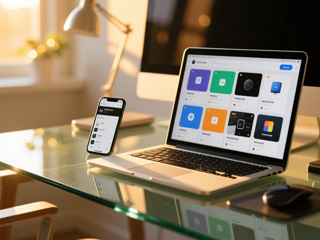 A modern glass desk during golden hour with a smartphone and laptop displaying organized tech content tiles, sunlight reflecting off devices, minimalist tech workspace with subtle bokeh effect.