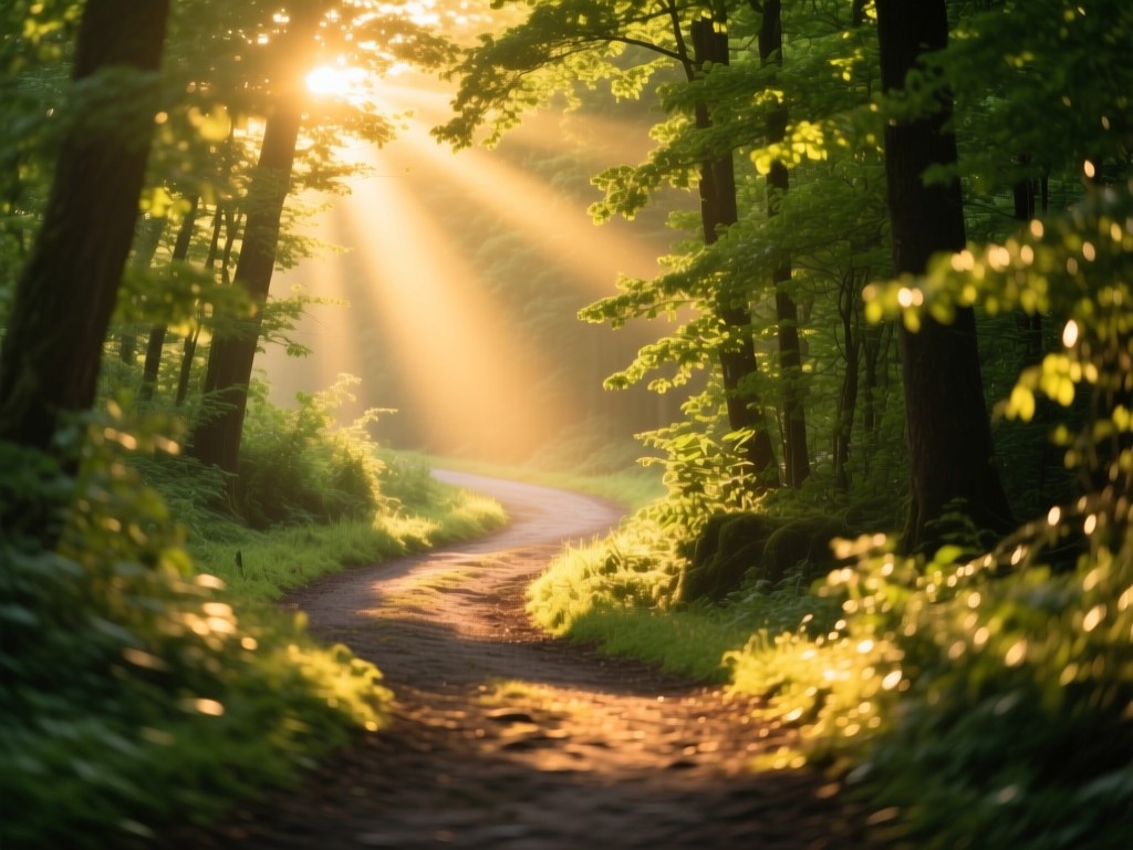 A winding forest path illuminated by golden hour light, symbolic of patient journeys, soft focus on distant sunbeams, vibrant green foliage, no human elements.