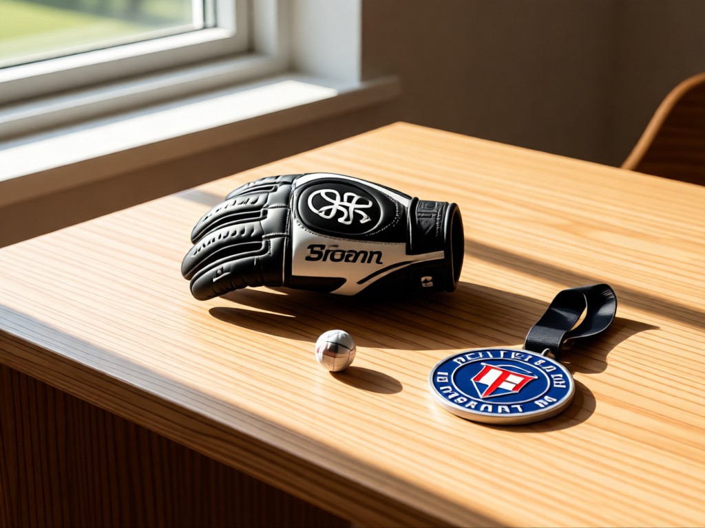 Minimalist desk with branded golf glove, ball marker, and tournament badge. Sunlight through window highlights textures. No people.