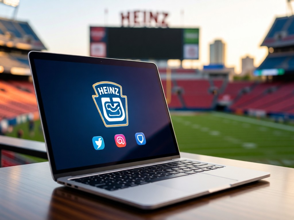 A laptop showing streamlined social icons against a blurred Heinz Field background. Afternoon light creating clean lines. No people.