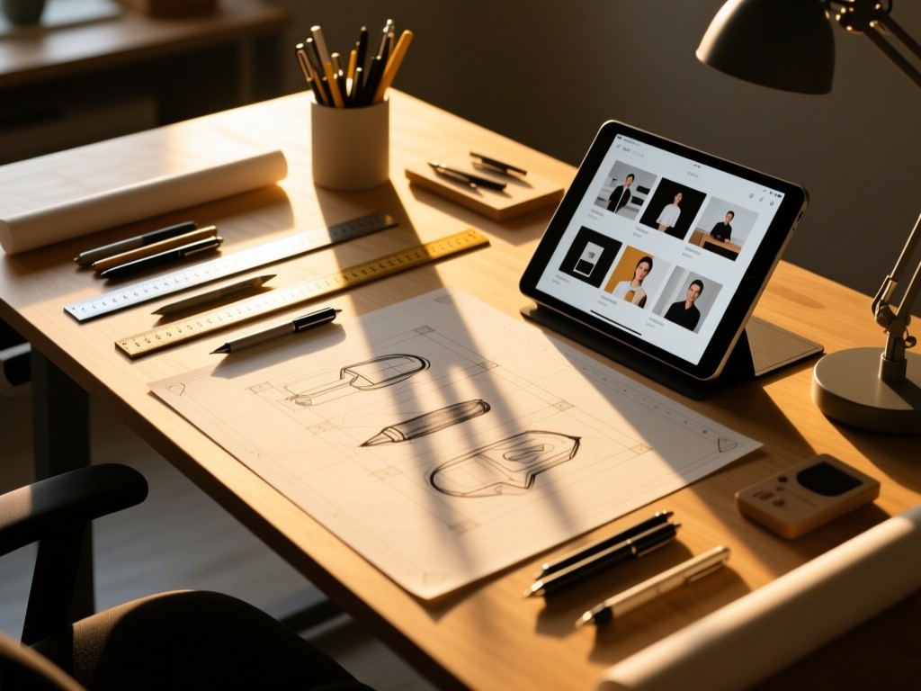 An angled view of a designer's drafting table holding neatly arranged tools - rulers, sketching pens, and a tablet showing portfolio thumbnails. Golden hour light creates long shadows across the workspace. No people.