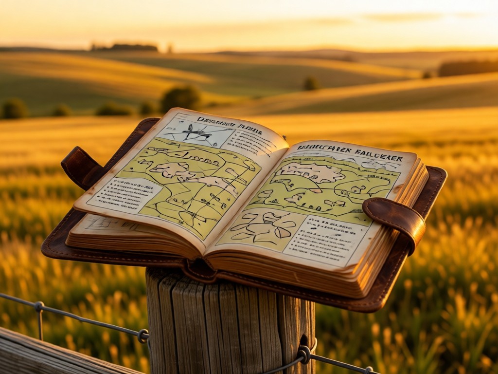 A weathered leather rancher's journal open on a fence post. Pages show hand-drawn pasture maps and notes. Golden sunset light across rolling farmland in background. Symbolizes tradition meeting modern tools. No people.