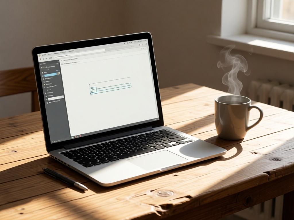 A laptop displaying a simple website editor beside a steaming mug on a rustic desk. Soft morning light creates clean shadows. Minimalist composition. No people.