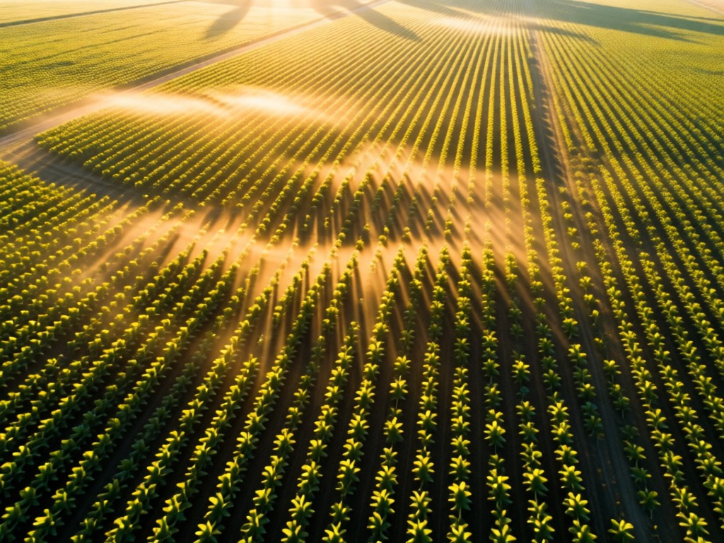 Aerial view of sunlit crop rows forming patterns in organic farm. Golden hour shadows, mist rising between plants. Symbolizes growth and transparency. No people.