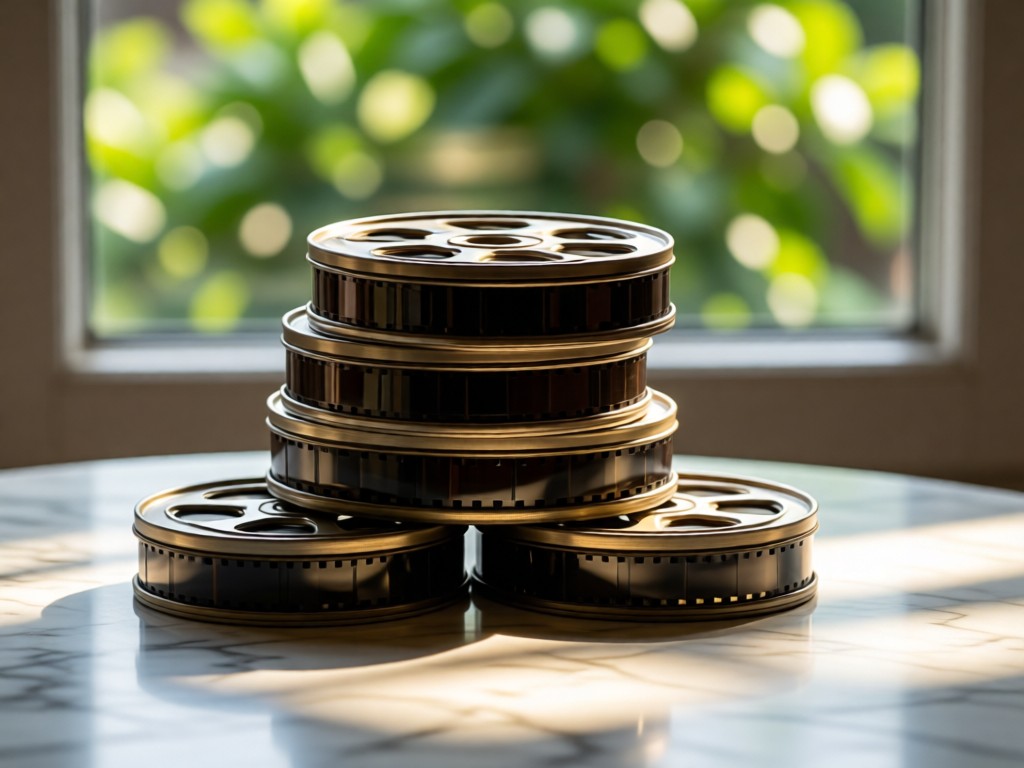 Stacked vintage film canisters on a marble surface. Soft sunlight highlights metallic textures and film reels. Shallow depth of field with blurred greenery outside window. No people.