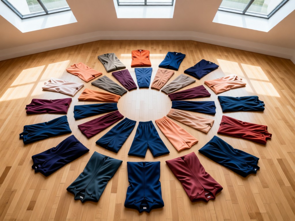An aerial view of color-coordinated plus-size garments arranged in a circular pattern on light oak flooring. Soft natural light from skylights creates dimension. Symbolizes organization and brand cohesion. No people.