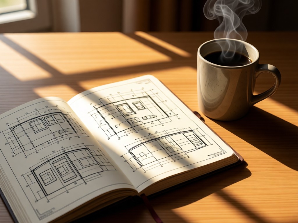 Notebook open to technical diagrams beside a steaming coffee mug. Morning light streams across the page. Warm tones with soft shadows. Focus on productivity. No people.