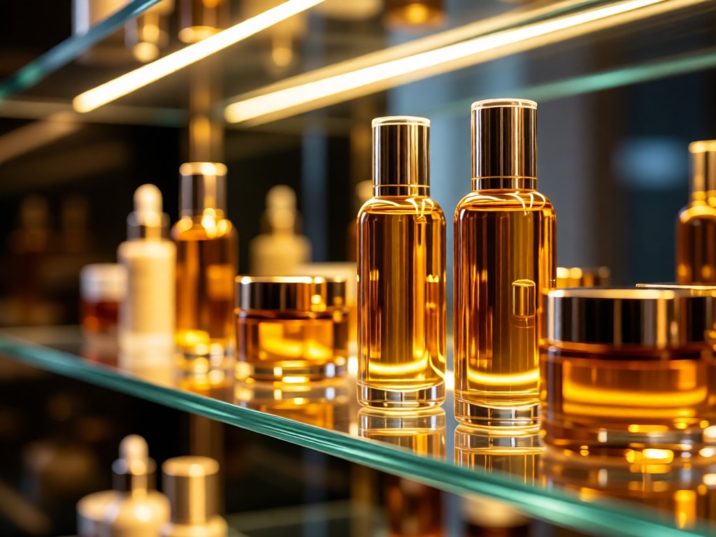 An elegant glass display shelf holding luxury skincare products in amber bottles. Soft backlighting creates golden highlights. Shallow depth of field focuses on product textures. No people.