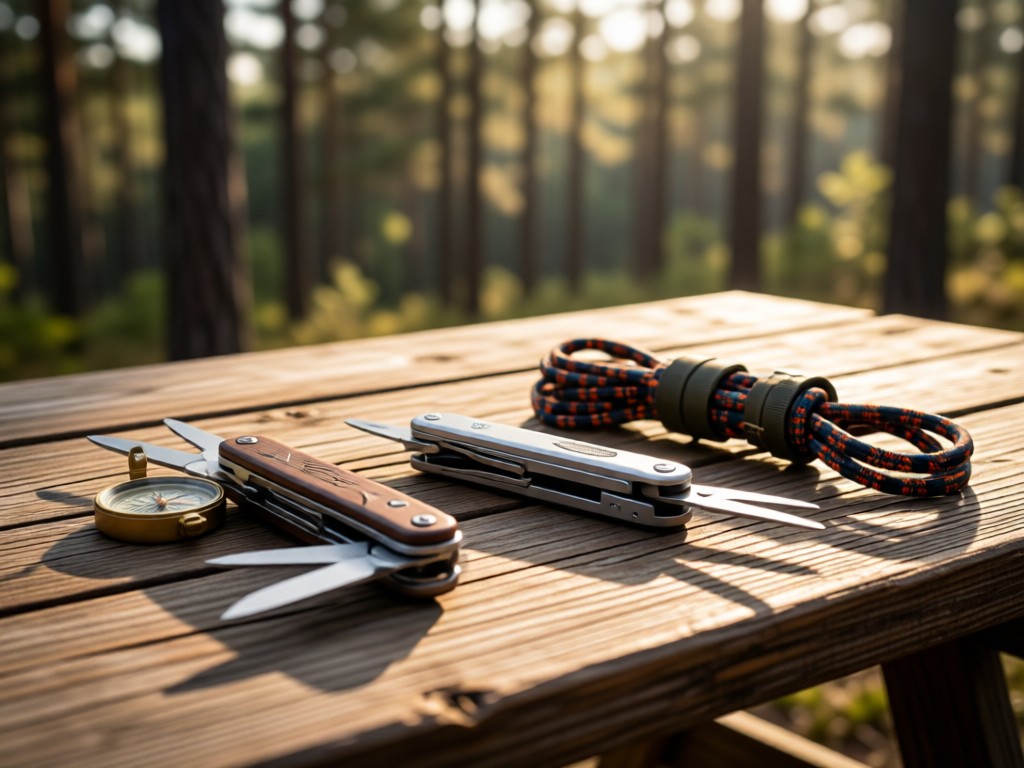 A curated arrangement of survival tools on a rustic wooden table: multi-tool, compass, paracord. Soft morning light highlights textures. Blurred pine forest background. No people.