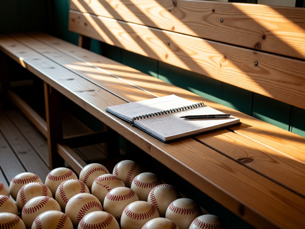 A clean dugout bench holding a scorebook and pen. Sunlight stripes from overhead beams. Perfectly aligned baseballs in the foreground. Symbolizes organization and access. No people.