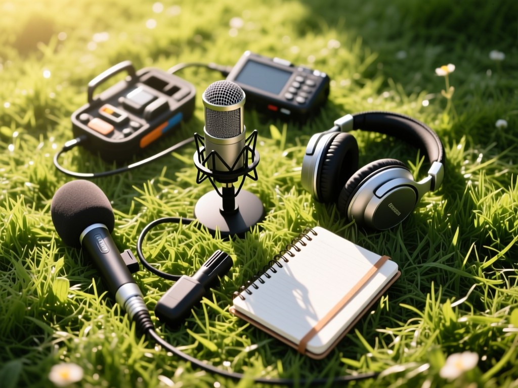 An aerial shot of a content creator's toolkit: microphone, headphones, and notebook arranged in a sunlit circle on grass. Symbolizes having essentials in one place.
